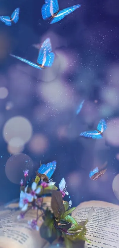 Blue butterflies fluttering above an open book on a dreamy background.