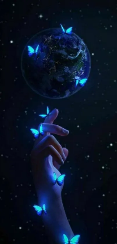 Hand with glowing blue butterflies in a starry galaxy.