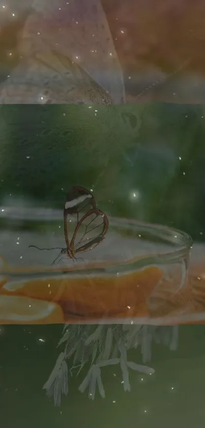 Butterfly on glass jar with oranges in a green ethereal background.