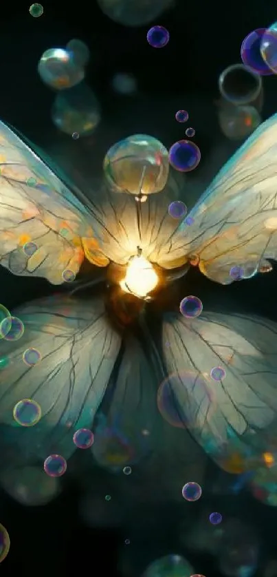 Ethereal digital butterfly with glowing wings surrounded by floating bubbles.