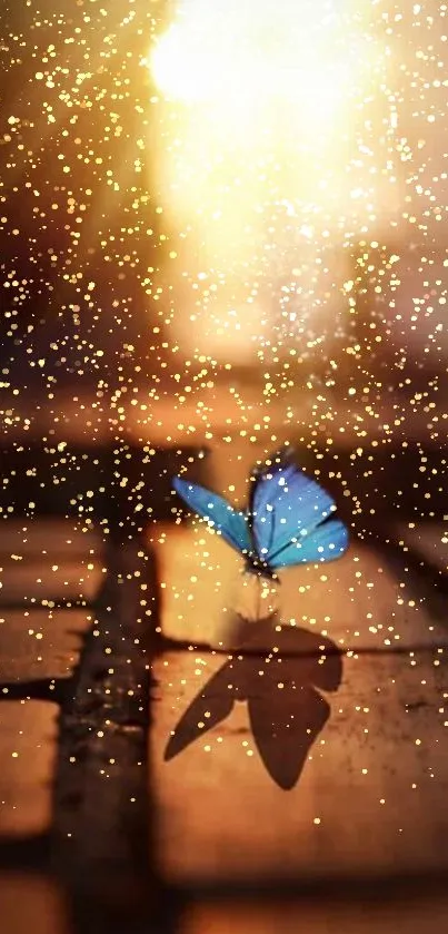 Ethereal mobile wallpaper with a glowing blue butterfly and a golden background.