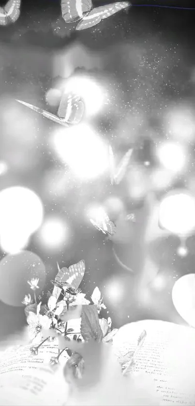 Ethereal wallpaper with butterflies and glowing bokeh lights in grayscale.