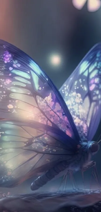 Ethereal butterfly with pastel glow on a dreamy background.