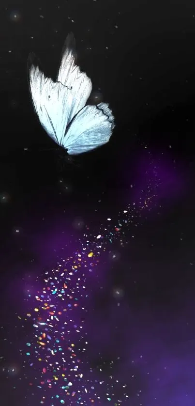 Luminous butterfly with vibrant colors on a dark, magical background.