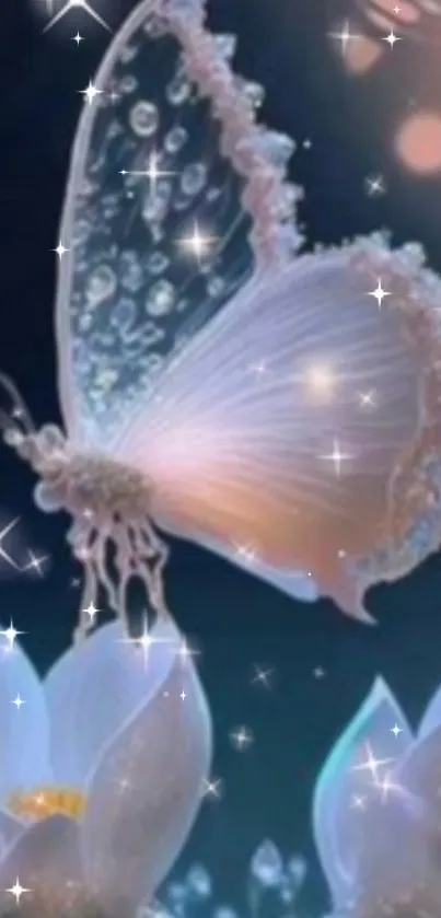 Ethereal butterfly with glowing flowers on a sparkling background.
