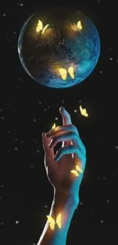 Hand reaching toward glowing butterflies and Earth at night.