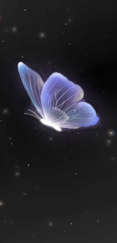 Ethereal purple butterfly glowing in a starry night sky background.