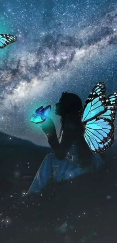 Silhouette with glowing blue butterflies under a starry sky.