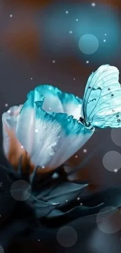 Delicate turquoise butterfly resting on a bloom with a soft focus background.