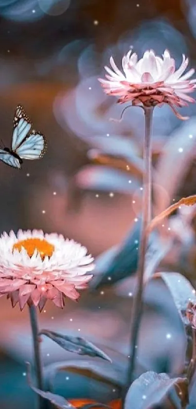 Butterfly resting on vibrant flowers, surrounded by pink and blue hues.