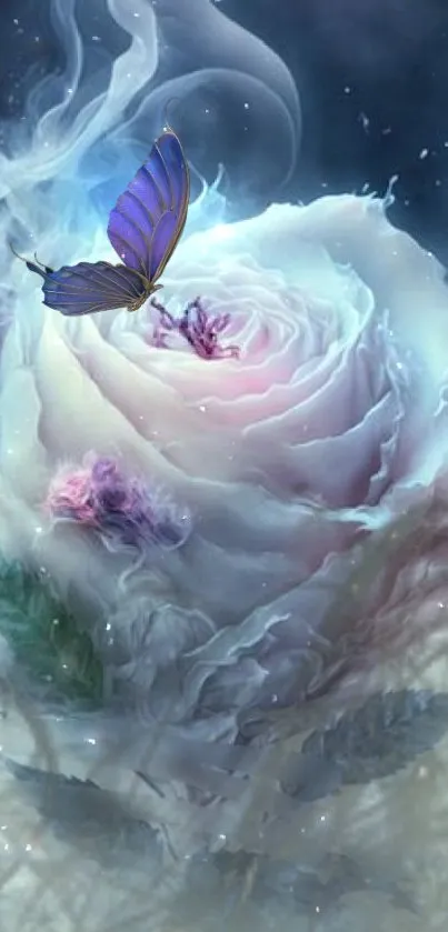 Delicate butterfly perched on a mystical white rose enveloped in ethereal mist.