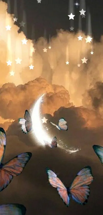 Dreamy wallpaper with butterflies and crescent moon in a cloudy sky.