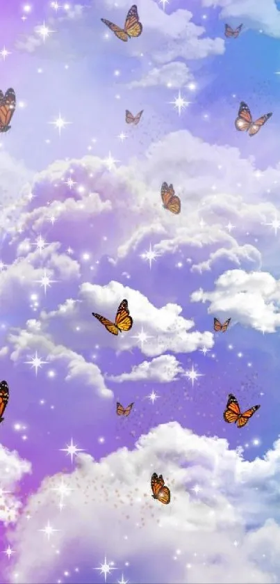 Ethereal wallpaper with butterflies in a purple sky.