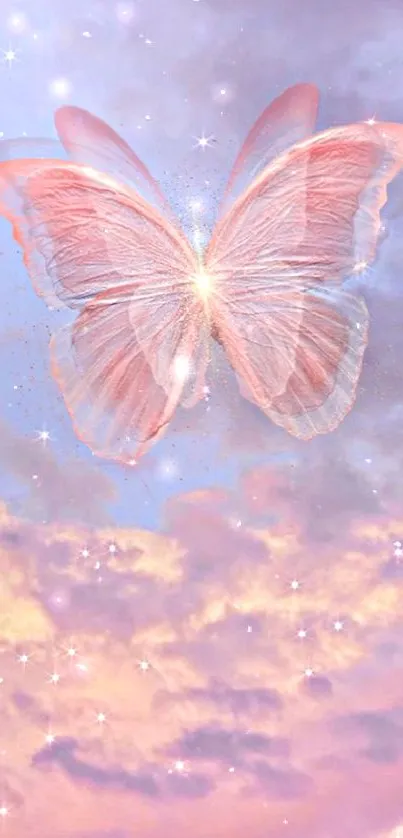 Pink butterfly with pastel clouds and stars wallpaper.