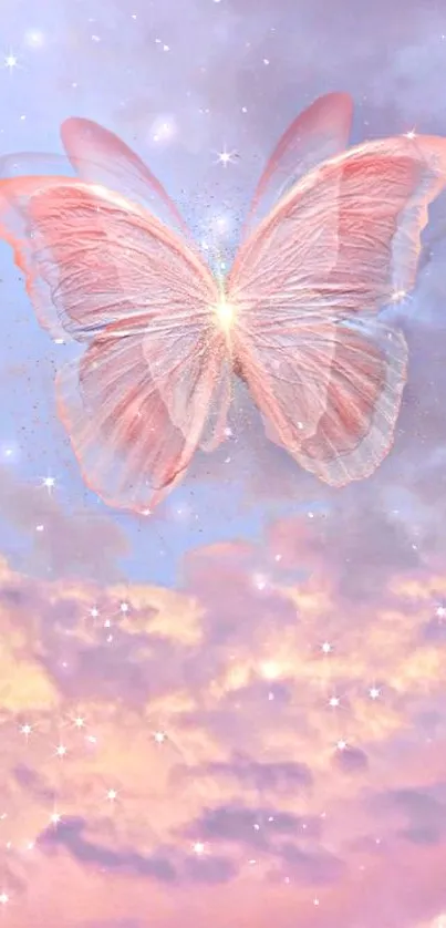 Pink butterfly soaring in a starry lavender sky wallpaper.