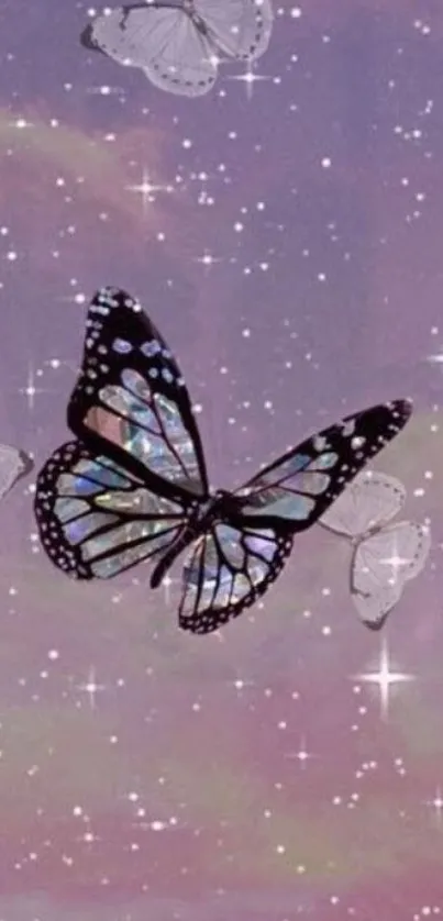 Ethereal butterflies with stars in a violet sky.