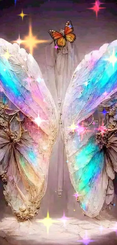 Ethereal mobile wallpaper with colorful butterfly wings.