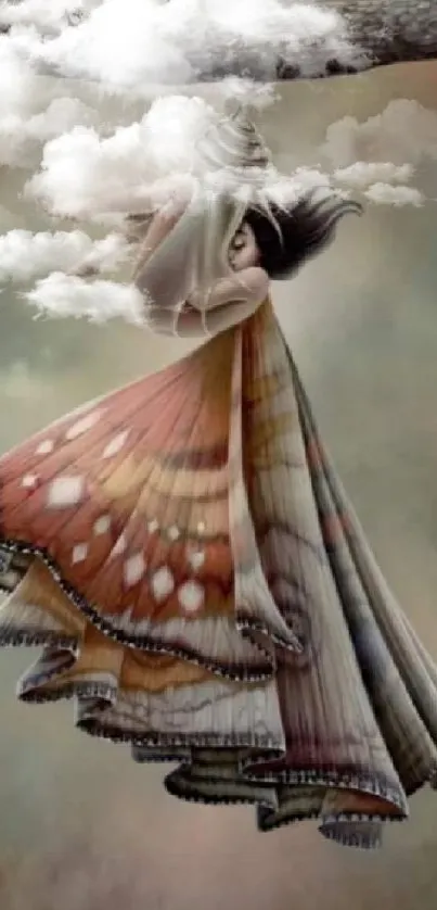 Fantasy artwork of a woman with butterfly wings hanging from a branch.