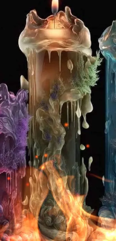 Ethereal candle art with colorful, flowing wax in vibrant hues.