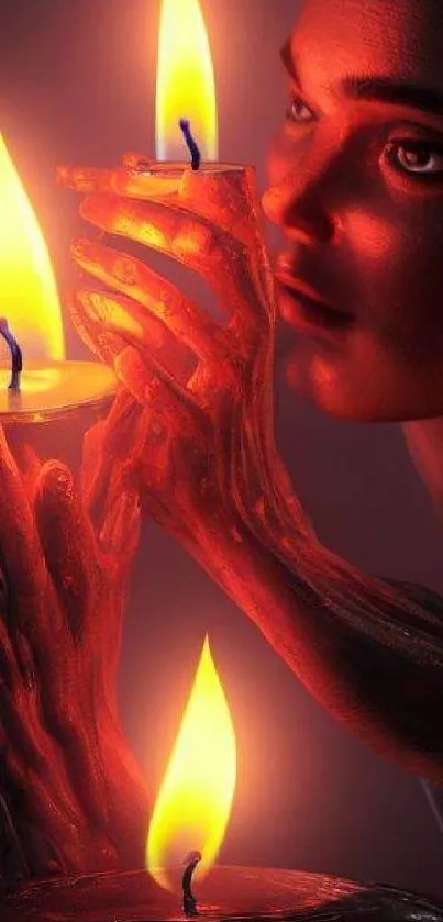 Artistic depiction of hands holding glowing candles in a warm orange light.