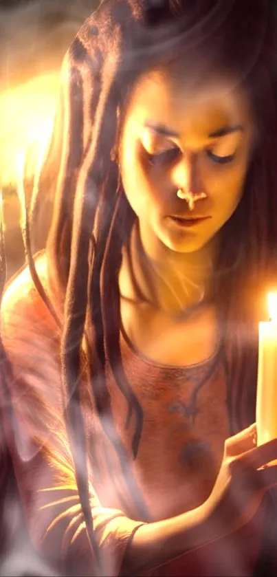 Woman with dreadlocks holding a candle.