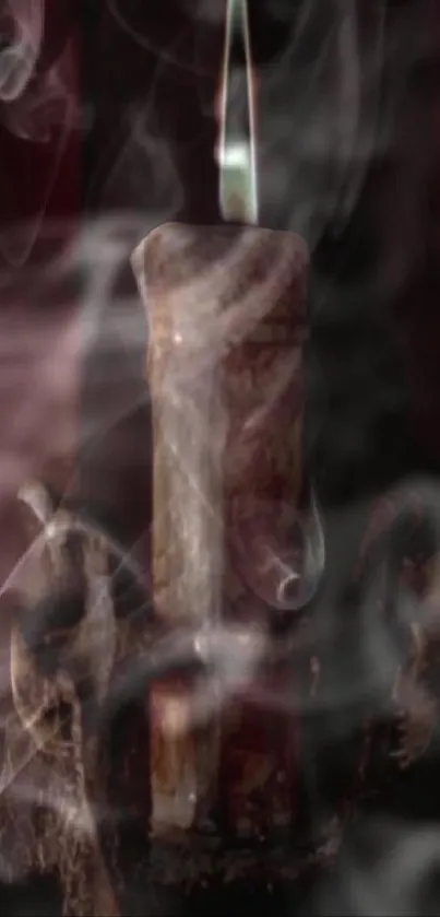 Ethereal candle with smoke against a dark background.