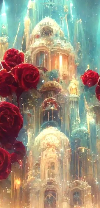 Ethereal castle surrounded by vibrant red roses, creating a fantasy landscape.