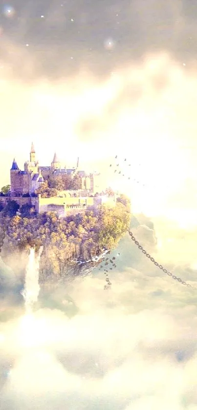 Ethereal floating castle in the sky with a woman in a flowing dress.