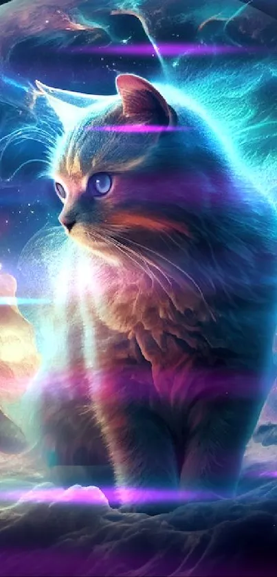 A glowing ethereal cat in a cosmic, starry setting with vibrant purple hues.