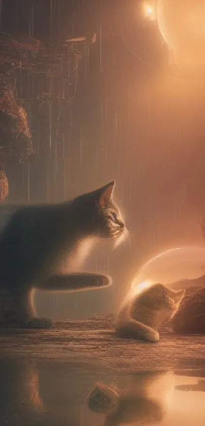 Two ethereal cats under a glowing amber sky, showcasing futuristic art.