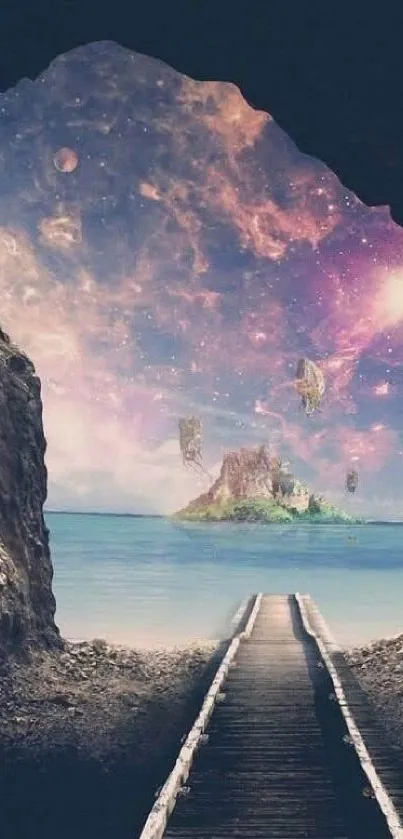 A surreal walkway leads to a cosmic island view through a cave opening.