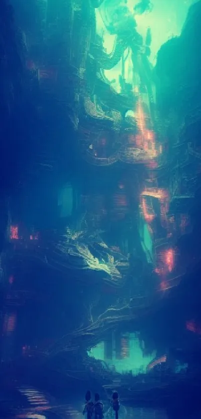 Surreal fantasy cavern with explorers in vibrant colors.