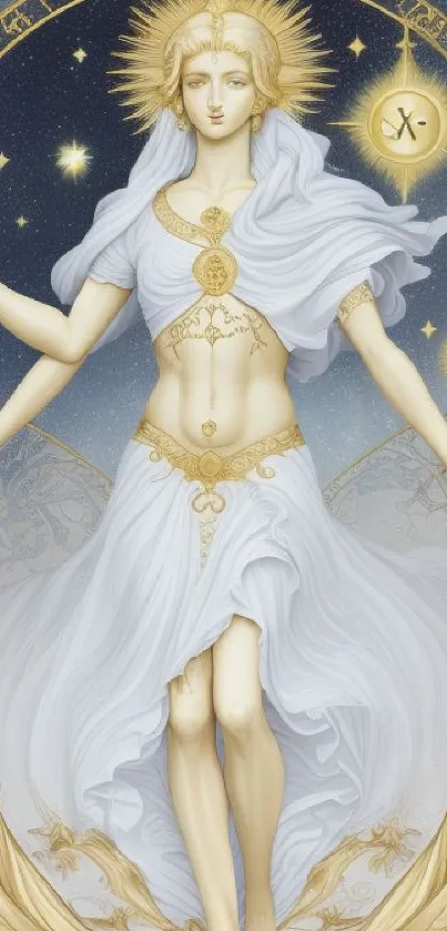 Celestial female figure with mystical symbols in an ethereal blue and gold setting.