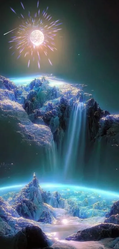 Ethereal landscape with moon and waterfalls glowing in teal light.