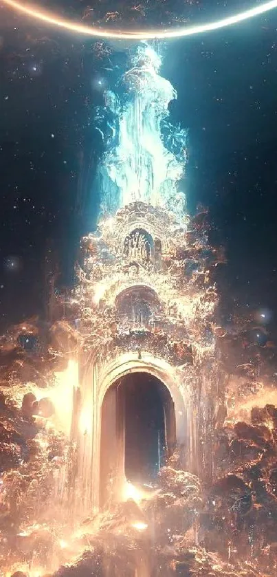 Ethereal celestial tower with glowing lights.