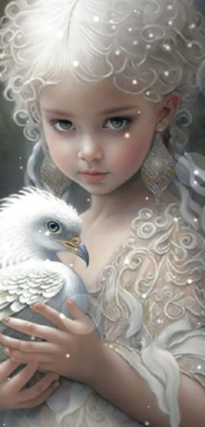 Ethereal artwork of a child holding a dove, symbolizing peace and innocence.