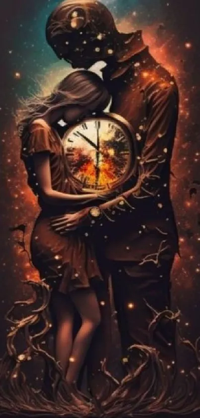 Surreal art of a couple embracing with a mystical clock.