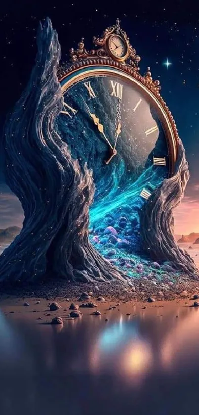 Fantasy clock merging with nature in a surreal landscape mobile wallpaper.