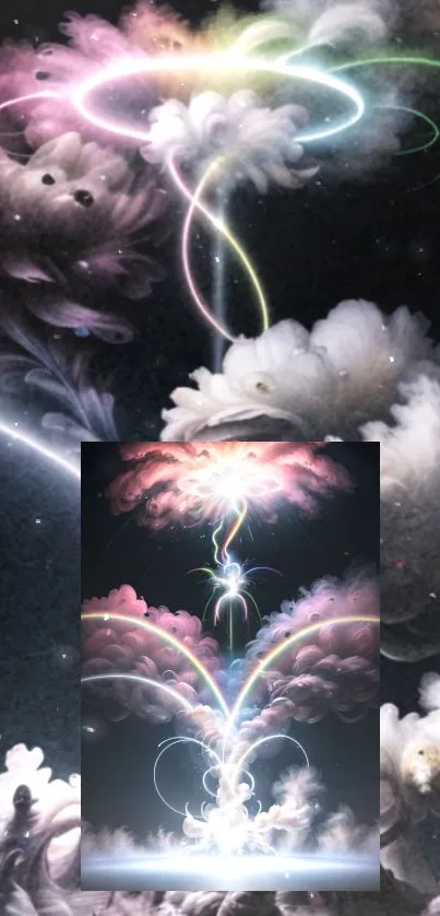 Ethereal neon clouds in a dark night sky create a mystical fantasy scene.