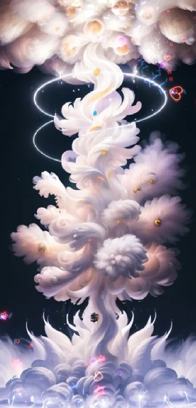 Ethereal cloud explosion with cosmic elements on a dark fantasy background.