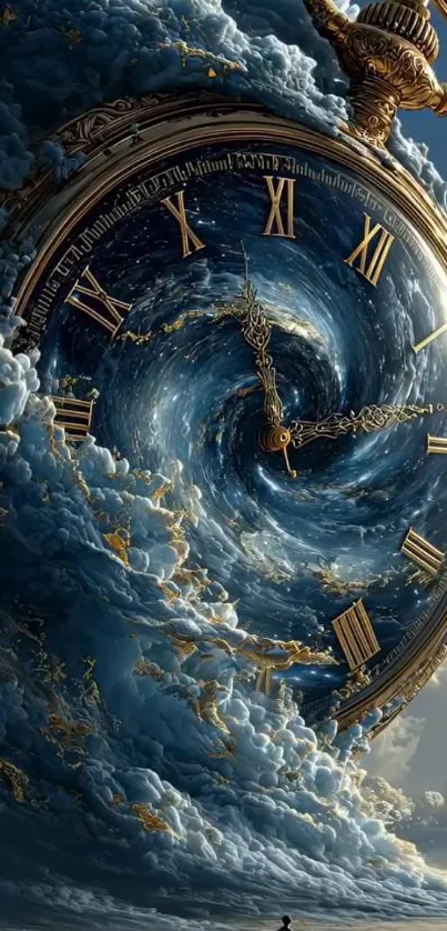 Surreal clock face in swirling clouds, creating a dreamlike scene.