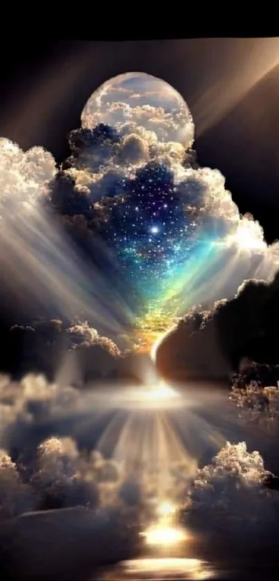 Ethereal cosmic wallpaper with colorful clouds and radiant light.