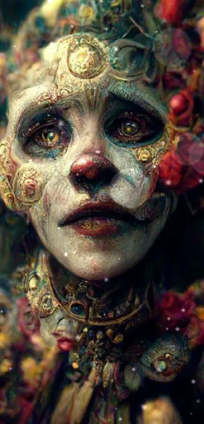 Ethereal clown with intricate details in rich colors on mobile wallpaper.