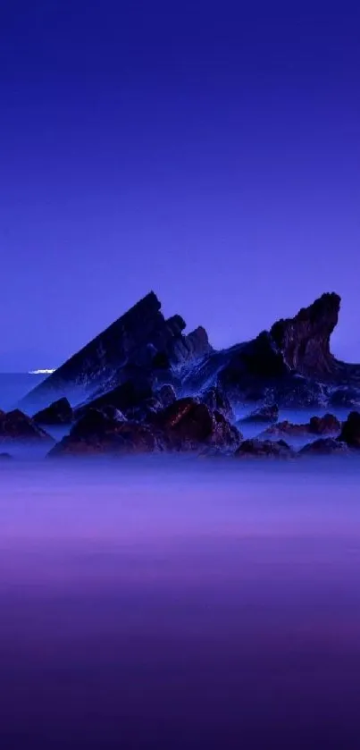 Ethereal coastal rockscape at twilight with dark violet tones.