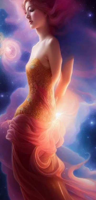 Ethereal figure amidst cosmic nebula and galaxies in vibrant colors.