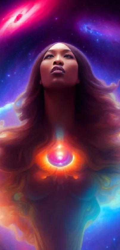 Ethereal cosmic art with colorful nebula and mystical female silhouette.