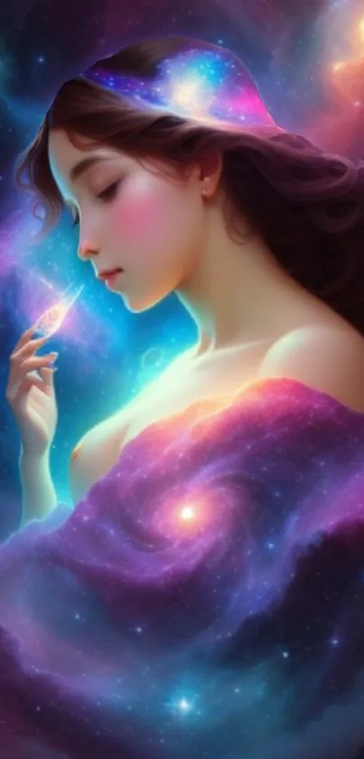 Ethereal figure in space with colorful nebula clouds and cosmic elements.