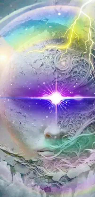 Ethereal cosmic art wallpaper with celestial and colorful design.