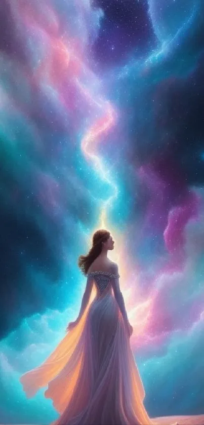 A mystical woman under a vivid cosmic sky with vibrant colors.