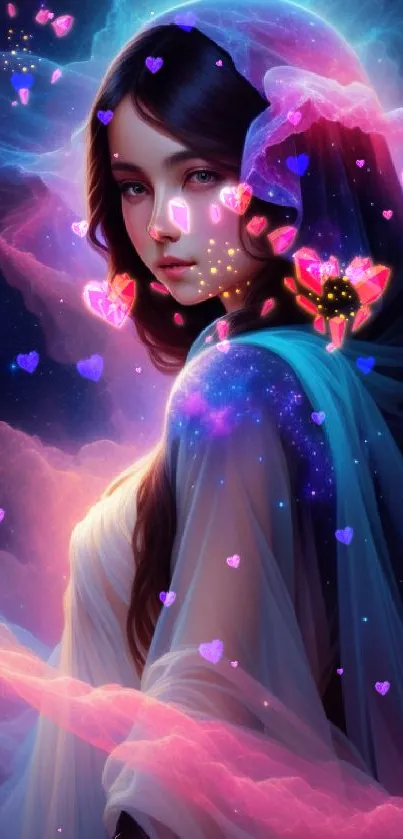 Ethereal woman in galaxy-themed artwork.